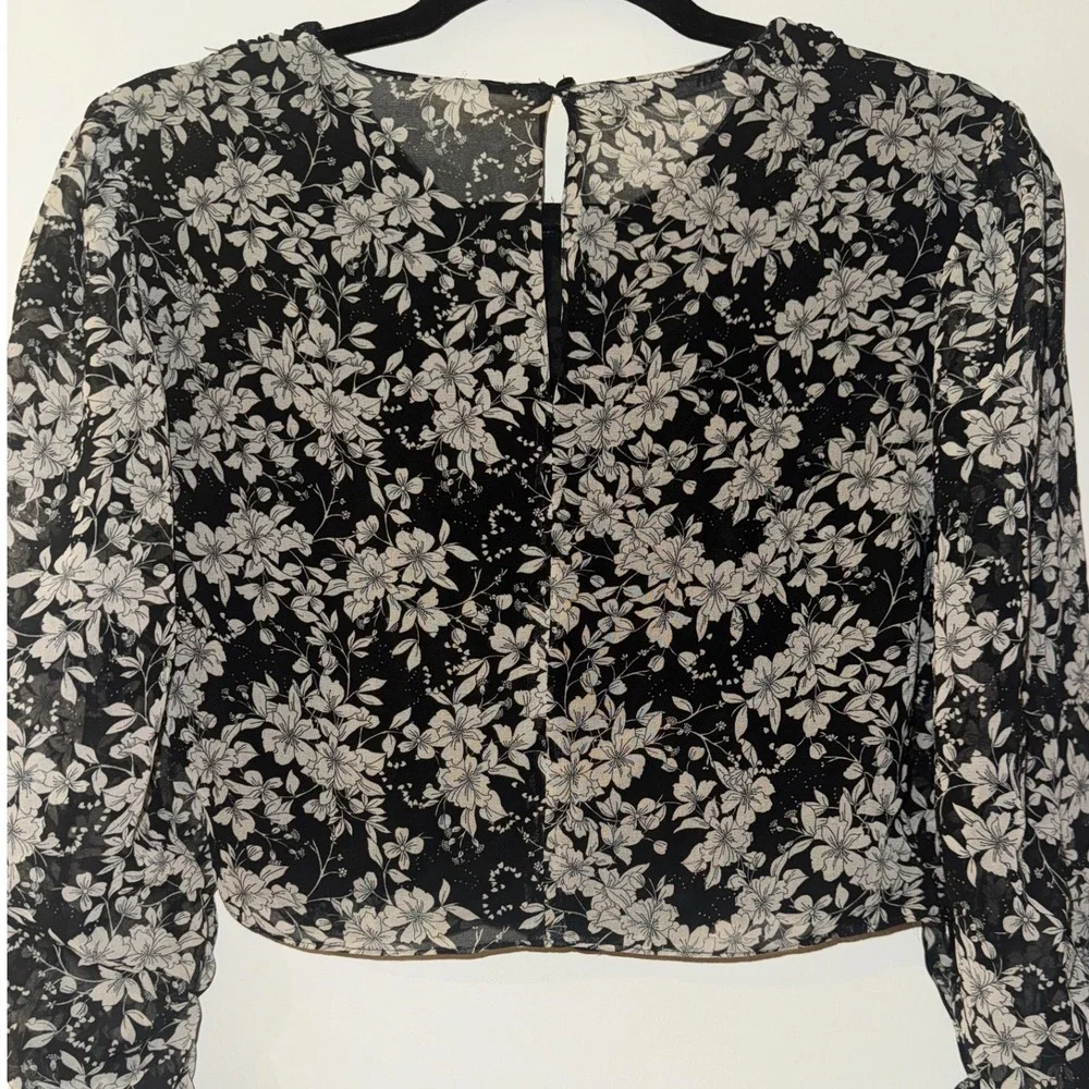 Black Floral Ruched Chiffon Crop Top Long Puff Sleeve Zara Small